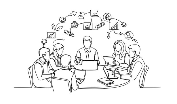 Single line art of collaborative business training session with young CEOs learning communication and leadership skills