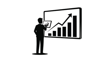 A business professional stands before a large display showcasing a rising graph analyzing data with a tablet a striking silhouette high quality detailed modern © rsvect02