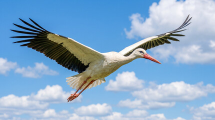 Obraz premium Fotografía hiperrealista de una cigüeña blanca volando con las alas extendidas contra un cielo azul vibrante con nubes blancas. Imagen de stock de alta resolución, luz natural, detalle plumaje nítido.