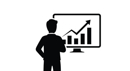A businessman stands facing a computer displaying a graph with rising bars suggesting growth and success in silhouette high quality professional detailed modern elegant © rsvect02