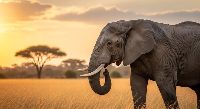 Majestic Elephant in the African Savannah at Sunset.