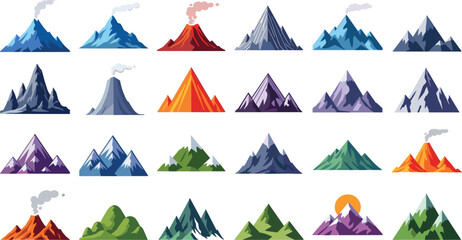 Vector Set of Mountain Landscapes Featuring Snow-Capped Peaks, Volcanoes, and Rolling Hills for Nature and Adventure Illustrations © Lipi