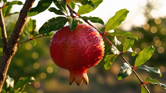 4k slow motion close-up of ripe pomegranate hanging on tree in golden sunlight