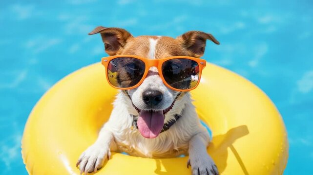 Small dog wearing orange sunglasses floats happily in a yellow inflatable ring on a bright blue swimming pool surface