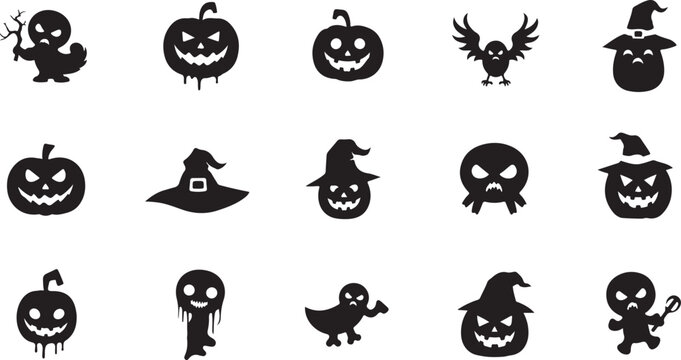 Halloween icons and symbols in black silhouette style
