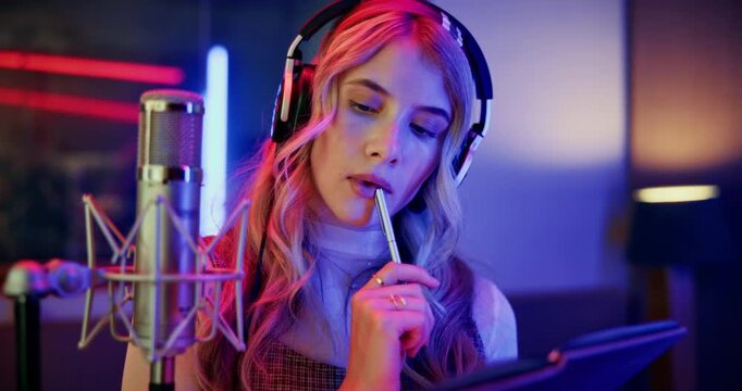 Mic, woman and thinking with notebook for singer, music production or lyrics for practice. Media agency, inspiration and female person with tech for musician notes, studio recording or song draft