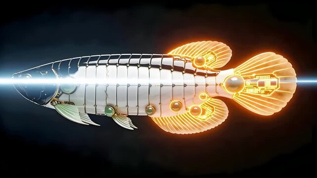 3D Mechanical Arowana Sculpture - White Porcelain & Obsidian Armor - Imperial Jade Joint Nodes - Futuristic Wealth & AI Technology Video - Isolated on Black Void