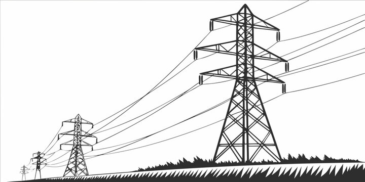 Electric power transmission towers and wires against a white background with electricity transmission electrical infrastructure industrial distribution landscape silhouette