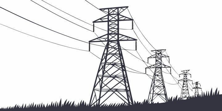 Series of electrical power transmission towers and high voltage lines with electricity transmission electrical infrastructure industrial distribution landscape silhouette