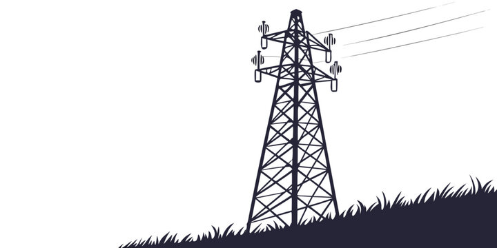 Electrical high voltage power grid transmission tower in a field with electricity transmission infrastructure insulators conductors distribution landscape industrial