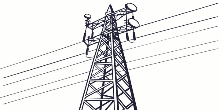 Industrial high voltage electrical power transmission pylon with electricity transmission infrastructure conductors insulators engineering distribution industrial structure