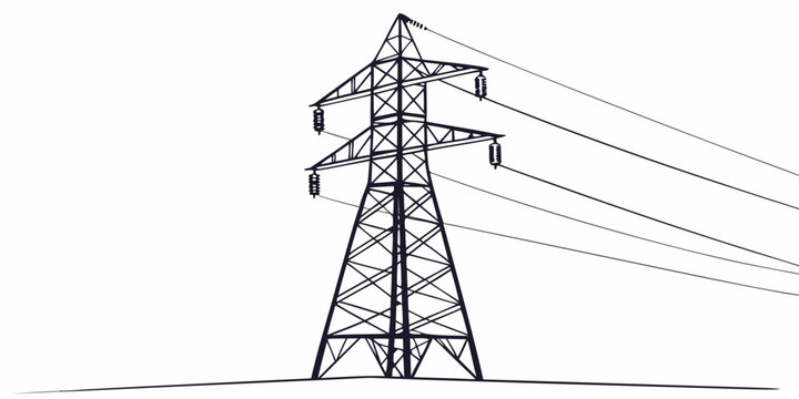 Large high voltage electrical transmission tower and power cables with electricity transmission infrastructure insulators conductors distribution industrial electrical