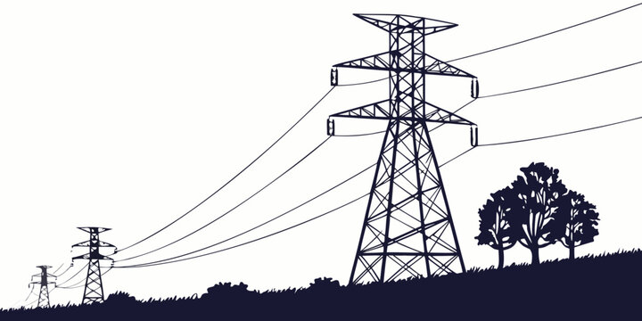 Graphic silhouette of high voltage power lines and electrical transmission towers with trees on a rolling hill electricity transmission landscape infrastructure electric