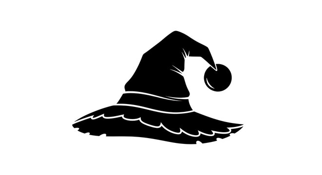 A black witch hat sits on a surface with a decorative edge and a ball on its pointed tip.