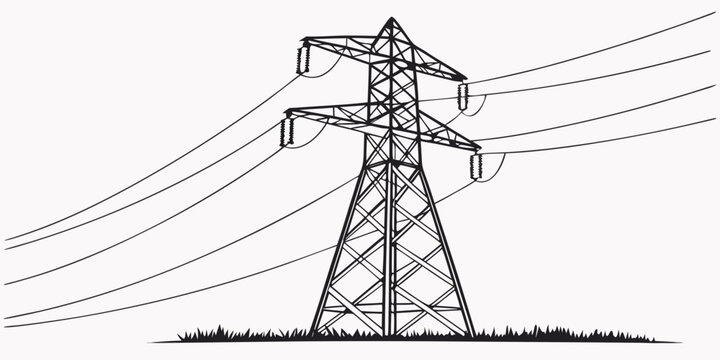 Simple silhouette drawing of a large power pylon against a white background with high voltage electricity transmission infrastructure silhouette electrical industrial