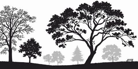 Obraz premium Park landscape silhouette with diverse trees and a garden bench on a grassy knoll silhouette landscape botanical background illustration monochrome countryside woodland