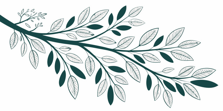 Stylized dark green branch with detailed leaves in a graphic art style line art botanical illustration symbolic decorative ornamental isolated background contrast