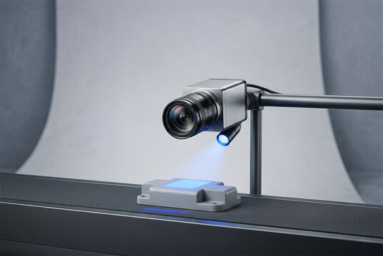 Industrial machine vision camera inspecting component on conveyor belt