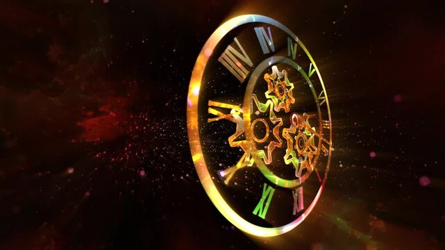 A surreal cosmic clock with rotating gears floats within a glowing galaxy, symbolizing the infinite flow of time, universal motion, and the connection between mechanics and the cosmos.

