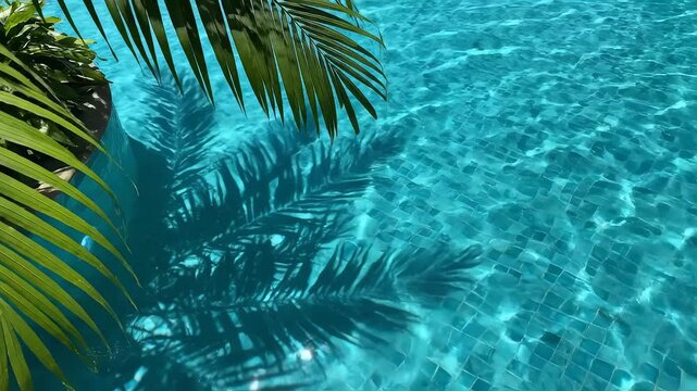 Palm leaf shadow in pool water for commercial backgrounds, digital design, and advertising