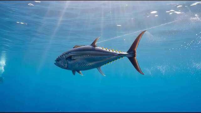 Majestic Tuna Swimming in Deep Blue Ocean Water with Sun Rays