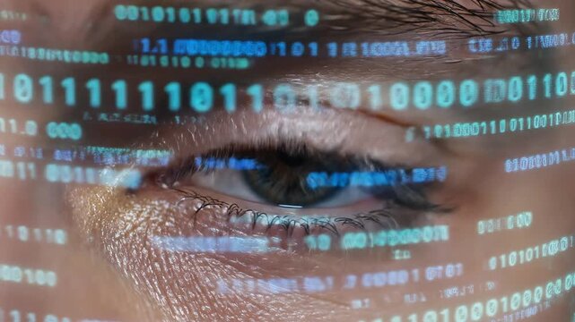 Closeup of human eye with digital code overlay for commercial backgrounds, digital design, and advertising