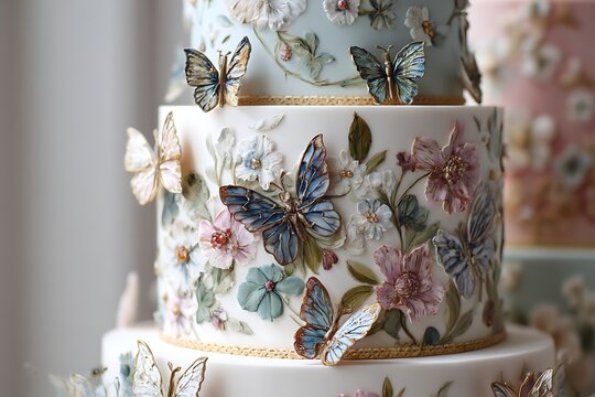 A garden-themed wedding cake with hand-painted floral designs and delicate sugar butterflies 