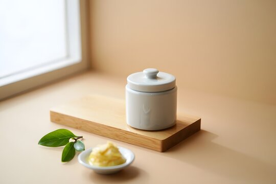 Simple white ceramic jar with a lid sits on a rustic wooden board, next to a small dish of yellow cream and fresh green leaves, bathed in soft window light.