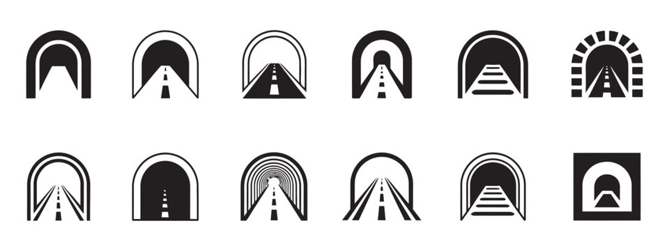 Road and Bridge Tunnel Symbol Set in Multi-Style Vectors, transport infrastructure icons collection, highway bridge tunnel signage design isolated