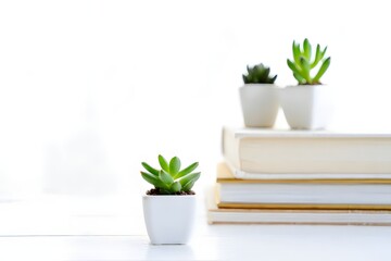 Fototapeta premium Three adorable small succulents in white pots are neatly arranged on a bright white surface, with two resting on stacked books.
