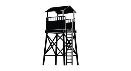 A stark black silhouette of a wooden watchtower stands prominently against a plain white background evoking themes of security and observation silhouette high quality © rsvect02