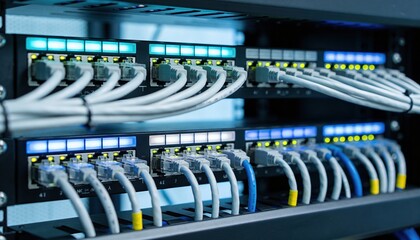 Fototapeta premium Close-Up of Network Server Rack with Ethernet Cables and Glowing Blue LED Indicator Lights – Data Center Infrastructure