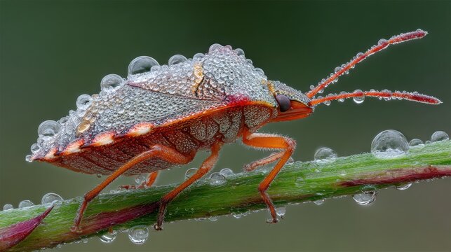 Detailed macro photograph of a dew-covered insect perched on a green plant stem