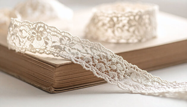 Beautifully detailed white lace trim draped over an aged vintage book. Soft highkey lighting creates a romantic, nostalgic mood for wedding invitations, crafts, and heritage blogs.
