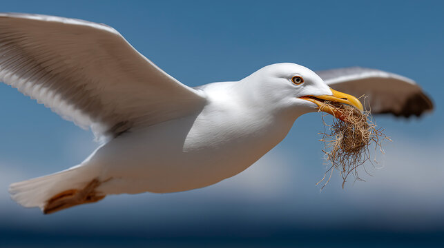 Close up of a White Seagull Carrying Food in its Beak