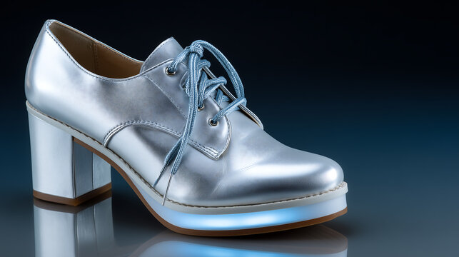 Shiny Metallic Silver Wingtip Brogue Shoe with Blue Laces