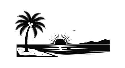 A striking black and white depiction showcases a tropical beach with a palm tree a setting sun and distant mountains all rendered as a silhouette © rsvect02