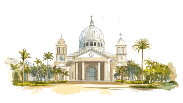 Basilica of Our Lady of Peace in Yamoussoukro. Basilica of Our Lady of Peace in Yamoussoukro hand drawn watercolor illustration on white background