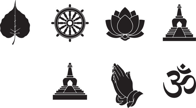 Buddhist and Hindu Religious Symbols Set: Bodhi Leaf, Dharma Wheel, Lotus Flower, Stupa Pagoda, Praying Hands, and Om Sign. Minimalist Black Vector Icon Collection for Spiritual and Yoga Design..