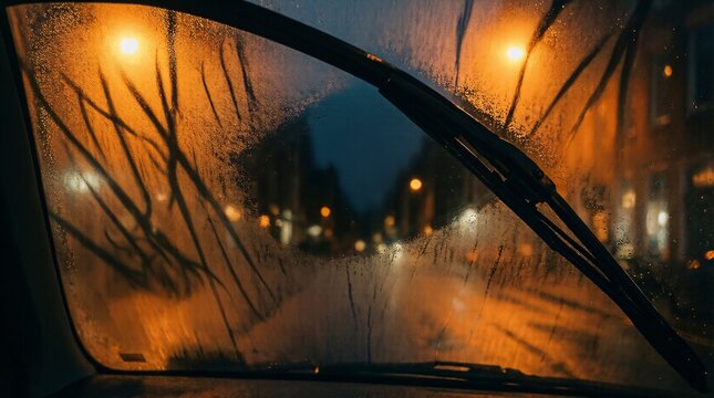 Rainy car windshield with wipers and warm orange street lights