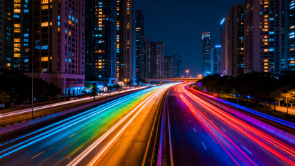 Fototapeta premium The highway car rainbow light trails of modern city buildings 