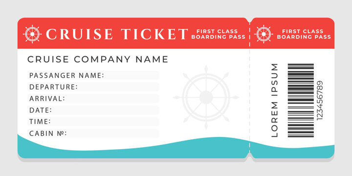 Cruise ticket template with blank information fields, barcode and text . Vector template for cruise travel