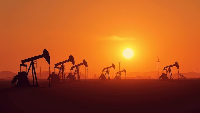 silhouette oil pumpjacks at sunset desert field energy crisis and crude price rise concept