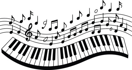 Minimalist black and white illustration of piano keyboard with flowing musical notes rising upward in dynamic curved composition © Mehg