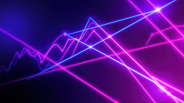 Abstract neon lines intersect dark background. Bright purple, blue glow creates futuristic visual effect. Dynamic energy radiates throughout image.