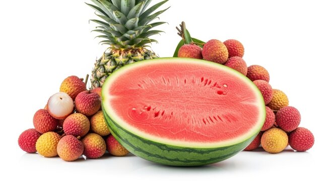 Fresh watermelon half with pineapple and lychees isolated on white background
