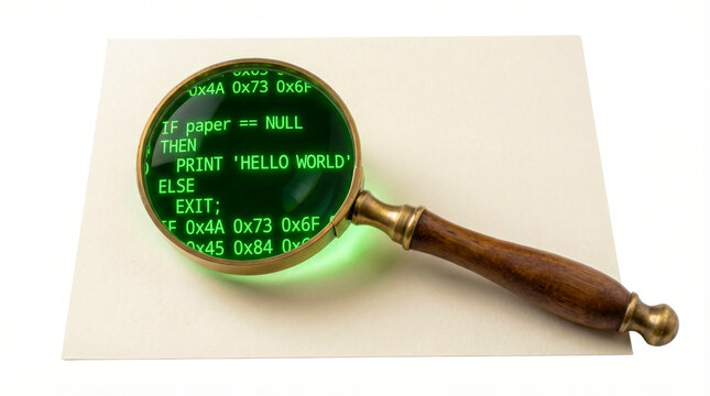 Magnifying glass with green coding text on screen, examining code on paper