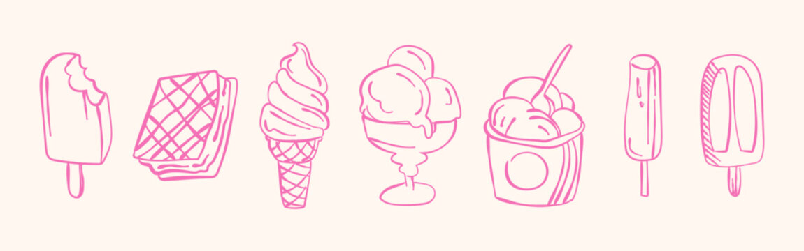 Ice cream icons doodle set with hand drawn line art desserts including cones popsicles and frozen treats in minimal style suitable for stickers menus branding and packaging.Vector illustration