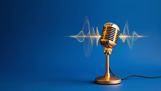 A high-quality of a vintage gold microphone on a stand with sound waves emanating from it, set against a blue background. Perfect for use in radio, podcast, or music recording contexts.
