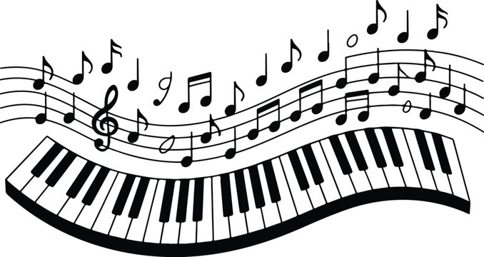Minimalist black and white illustration of piano keyboard with flowing musical notes rising upward in dynamic curved composition